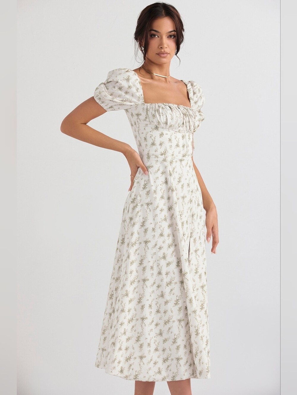 House of CB Tallulahgarden print puff sleeve midi sund Olive Floral X-small DXS1